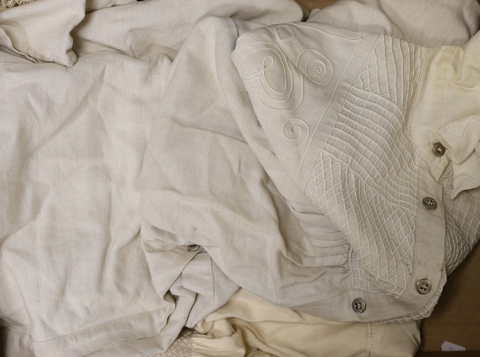 A silk smock, two silk embroidered blouses, a red check 1920's dress, a linen waistcoat and two cloche hats, etc.